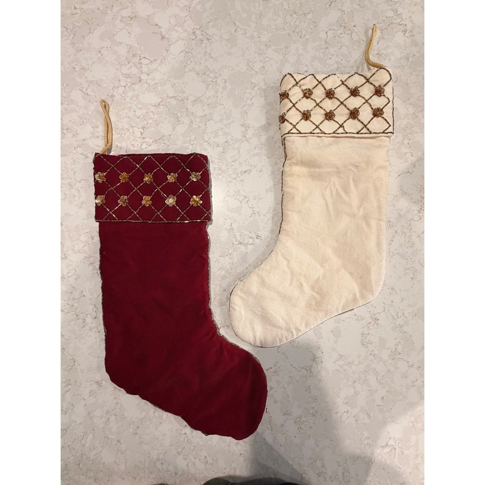 Vintage Velvet Christmas Stockings Beaded Sequin Rosette Red White Set of 2